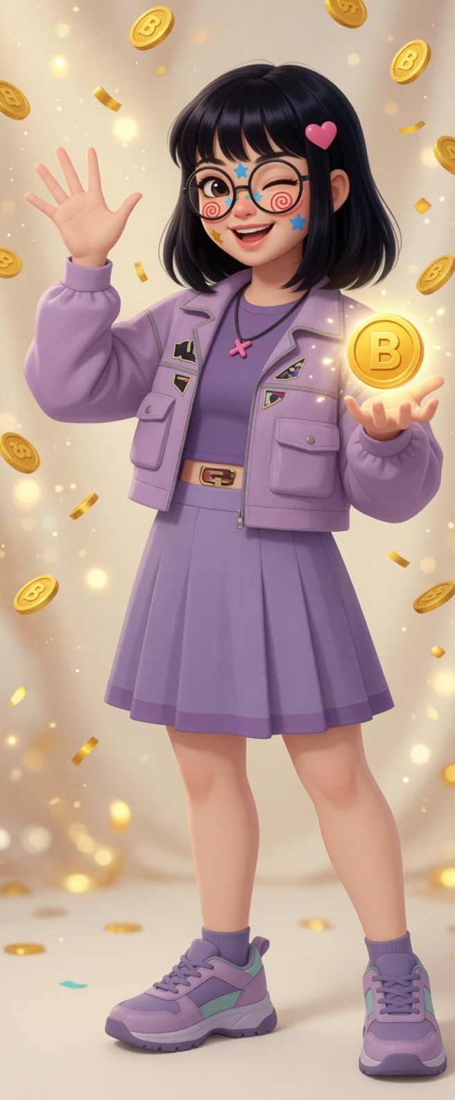 Xiao Xin Xin winking and calling dibs while holding a glowing B coin