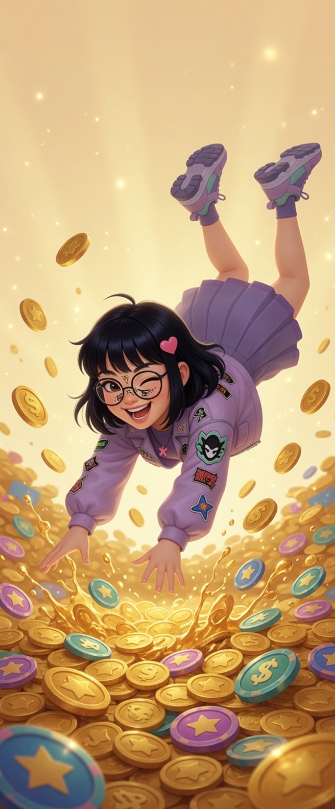 Xiao Xin Xin diving joyfully into a pile of gold coins and tokens